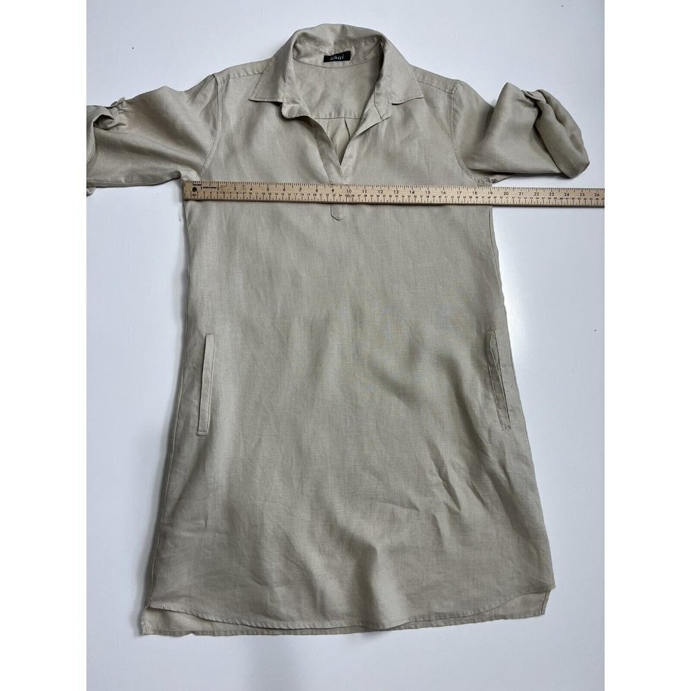 Pure Amici Linen Roll Tab Sleeve Tan Khaki Shirt Dress Small - Picture 11 of 12